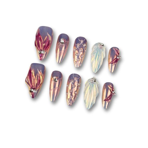Yabonica Nail Handmade Press On Nails Medium ALmond False Nail, Glue On Nail 3D Finish Charm Design,Set of 10 pcs Acrylic Fake Nail Tips,Nature Resuable Stick On Nail with Storage box (050, M)