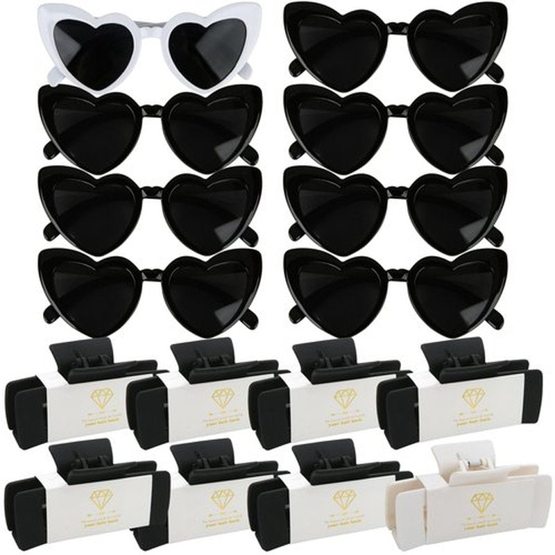 16pcs Bridesmaid Proposal Gifts 4.1inch square Bachelorette hair Claw Clip heart Sunglasses set of 16 Girls Trendy gift for Wedding Party Favors(16pcs White&Black)