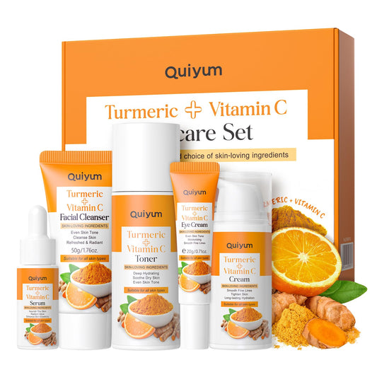 QUIYUM Skin Care Set, Turmeric Vitamin C Skincare Kits 5PCS - Beauty Facial Skin Care Routine Set Kit for Women, Dark Spot Remover for Face, Reduce Acne, Even Tone, Glow, Valentine's Day Birthday Gift