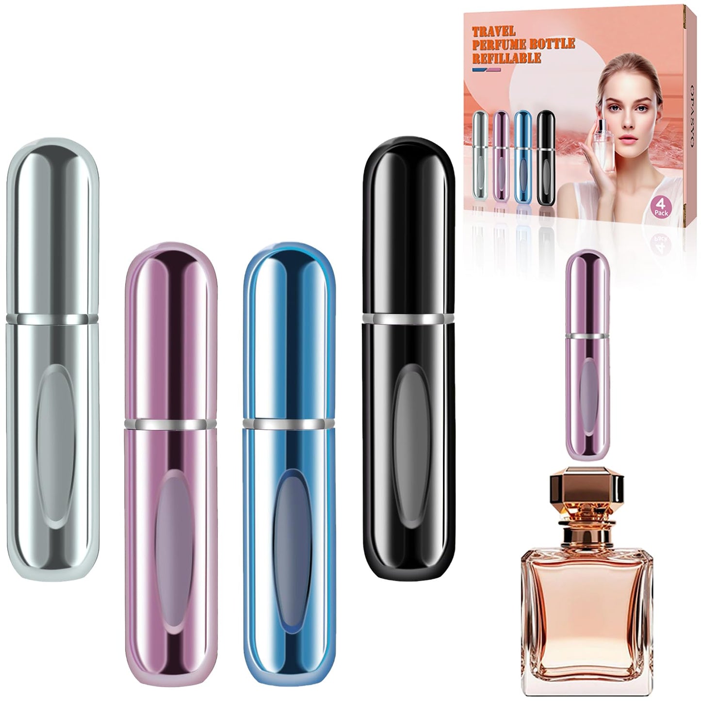 opasyo Refillable Perfume Portable Atomizer Bottle Refillable Perfume Spray, Leak-Proof Perfume Spray Bottle, Travel Perfume for Traveling and Outgoing (5ml, 4 Pack Silver/Pink/Blue/Black)