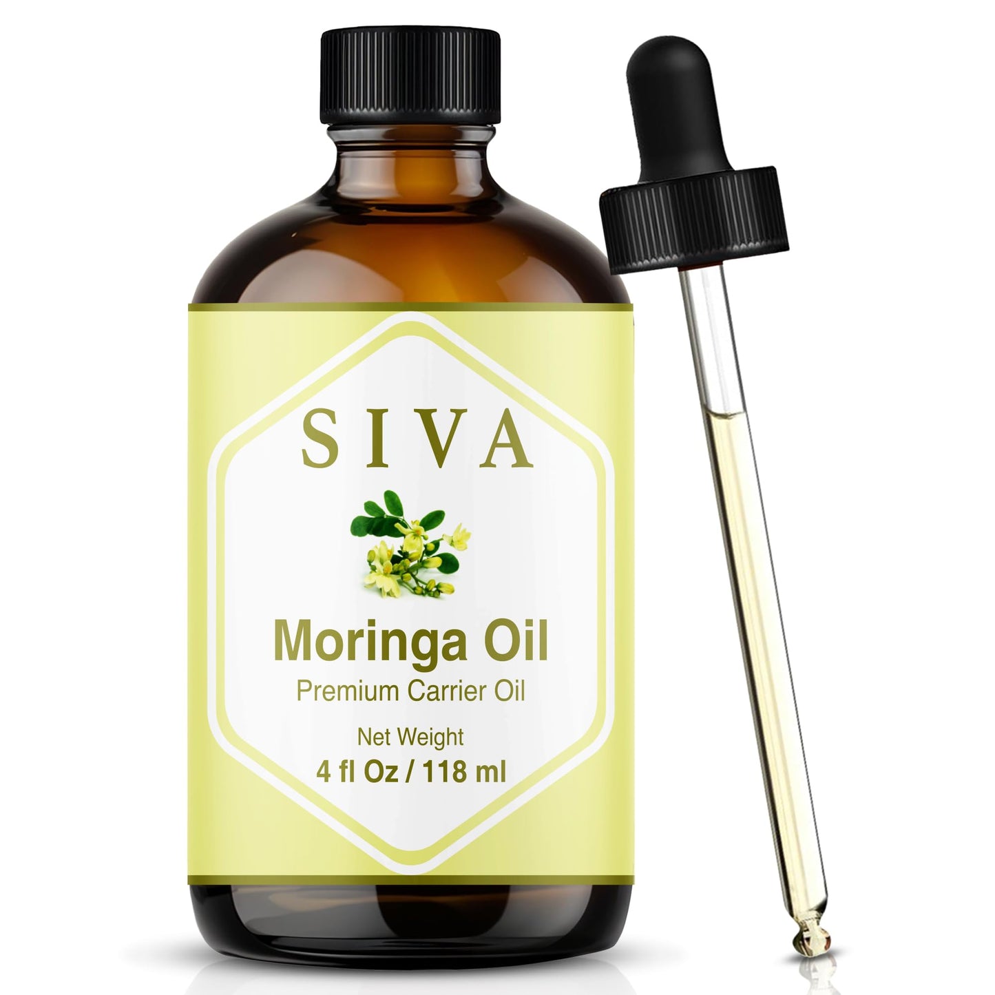 SIVA Moringa Carrier Oil 4oz (118 ml) Premium Cold-Pressed 100% Natural Carrier Oil With Dropper For Skin Care, Hair Care, Scalp Massage & Body Massage