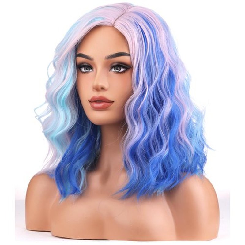 BERON Pink and Blue Wigs for Womens Short Curly Wavy Wig Girls Colorful Side Part Wigs Shoulder Length Heat Resistant Synthetic Cosplay Party or Daily Used Wigs