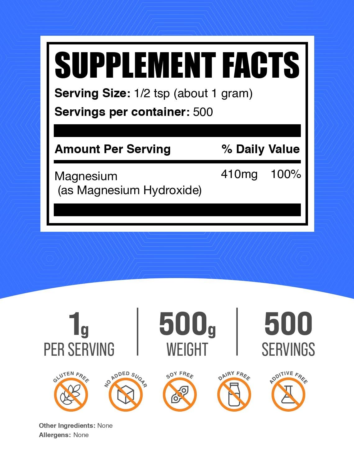 BulkSupplements.com Magnesium Hydroxide Powder - Magnesium Hydroxide Supplement - Food Grade & Gluten Free, 1g per Serving, 500g (1.1 lbs) (Pack of 1)