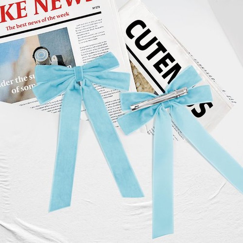 2PCS Blue Hair Bows Soft Velvet Bow Hair Clip with Long Tail Hair Accessories for Women Girls Toddlers