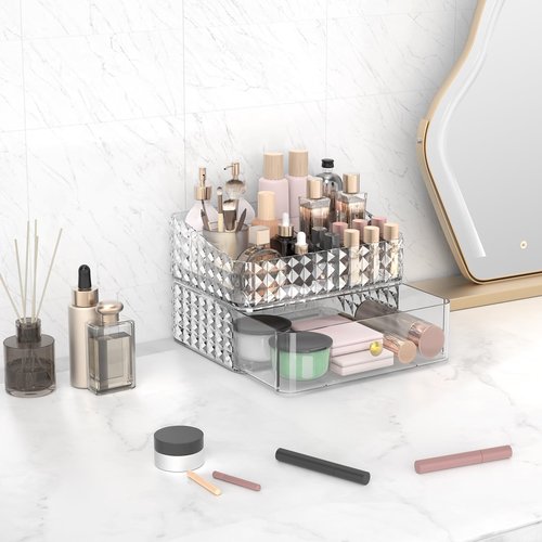 Rosoenvi Makeup Organizer for Vanity, Stackable Cosmetics Organizer and Storage, Cosmetic Display Cases with 1 Drawers and 1 Tray for Makeup Brush, Hair Accessories, Lipstick and Jewelry, Clear
