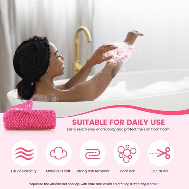 ZOCY African Net Sponge, Authentic Exfoliating Body Scrubber for Bath and Shower, Multiple Textures with Gentle Deep Exfoliating and Rich Lather for All Skins (Pink)