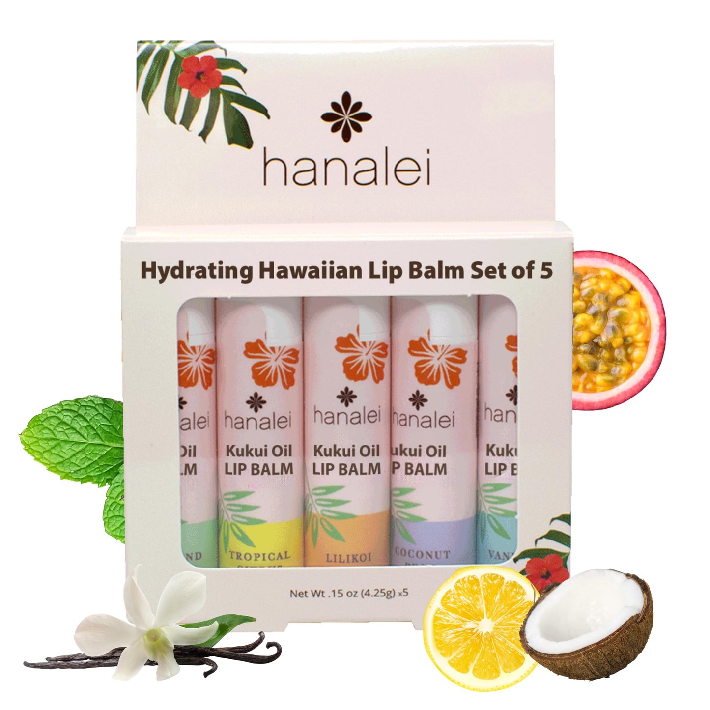 Hanalei Lip Balm and Moisturizer - Natural Kukui Oil and Beeswax Lip Moisturizer to Hydrate and Replenish Dry, Chapped Lips - Made in USA - Variety Pack - Lip Balm (3 Tubes)