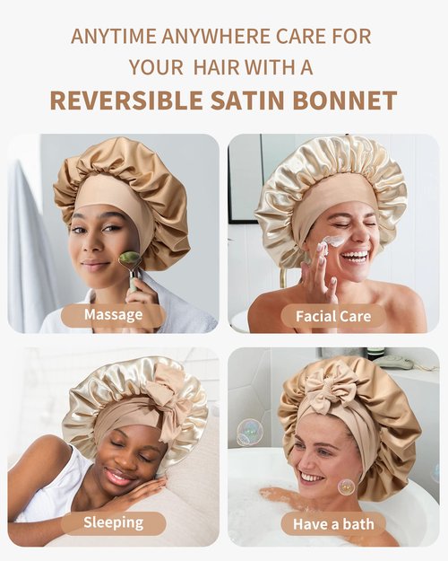 Satin Bonnet for Women Silk Bonnets for Sleeping Curly Hair Bonnet with Elastic Tie Band Reversible Double Layer Sleep Cap Hair Wrap (Brown + Champagne)