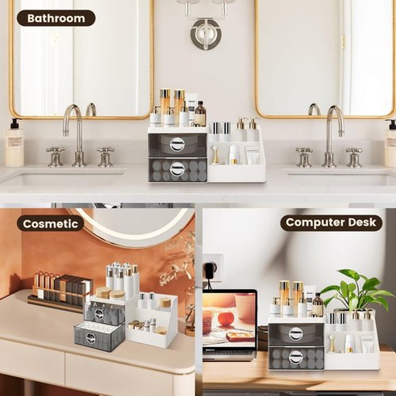 Makeup Organizer with Clear Drawers,Plastic Skincare Organizers for Vanity,Large Capacity Makeup Organizer Countertop for Cosmetics, Skincare,Office Stationery (Gray Drawer)