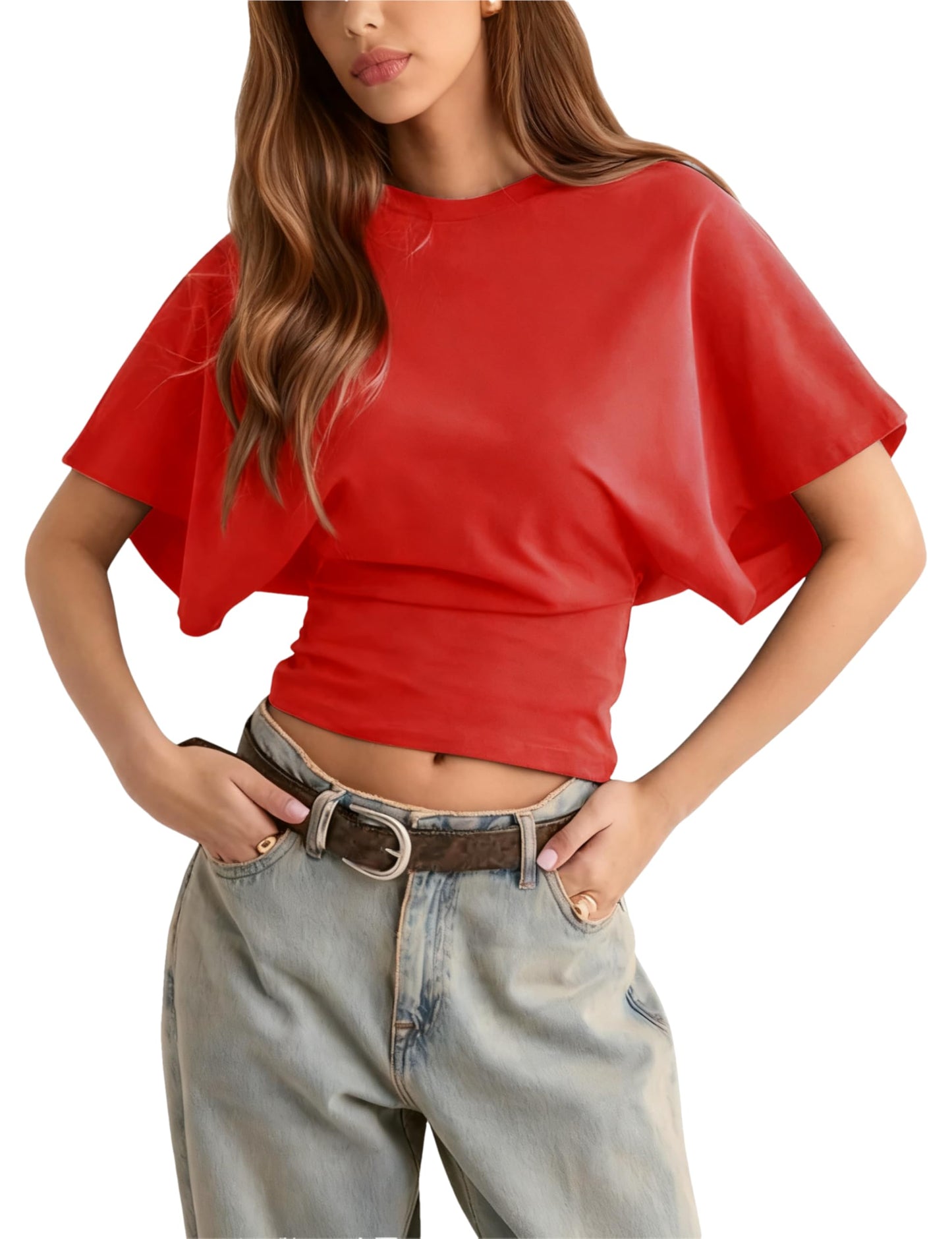 Lumister Shirts for Womens Crewneck Tighten Waist T-Shirt Casual Short Sleeve Workout Tops Solid Color Basic Tees(0781-Red-S)
