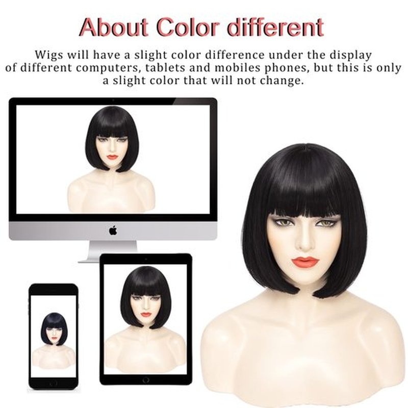 YBYMCAI Black Bob Wigs For Women Short Black Bob Wig With Bangs Straight Bob Bangs Wig 10 Inch Natural Looking For Daily Party Use