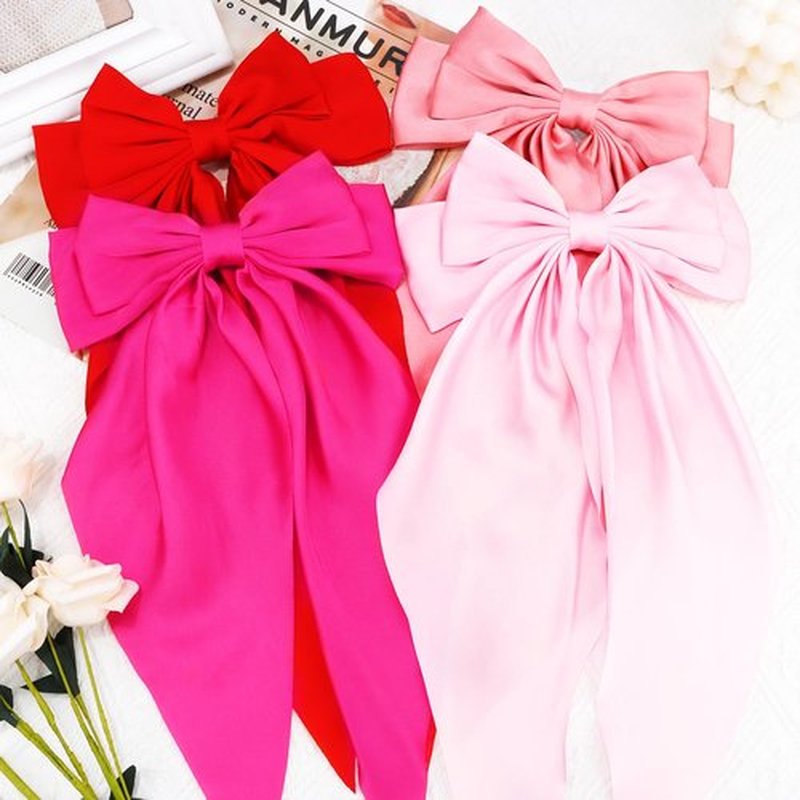 Atoden Hair Bows Silky Satin Bows for Hair Ribbons 4Pcs Coquette Oversized Long Tail Hair Bow Clips Barrettes Big Bowknot Hair Accessories for Women Girl Trendy Stuff Gifts (Pink Red)