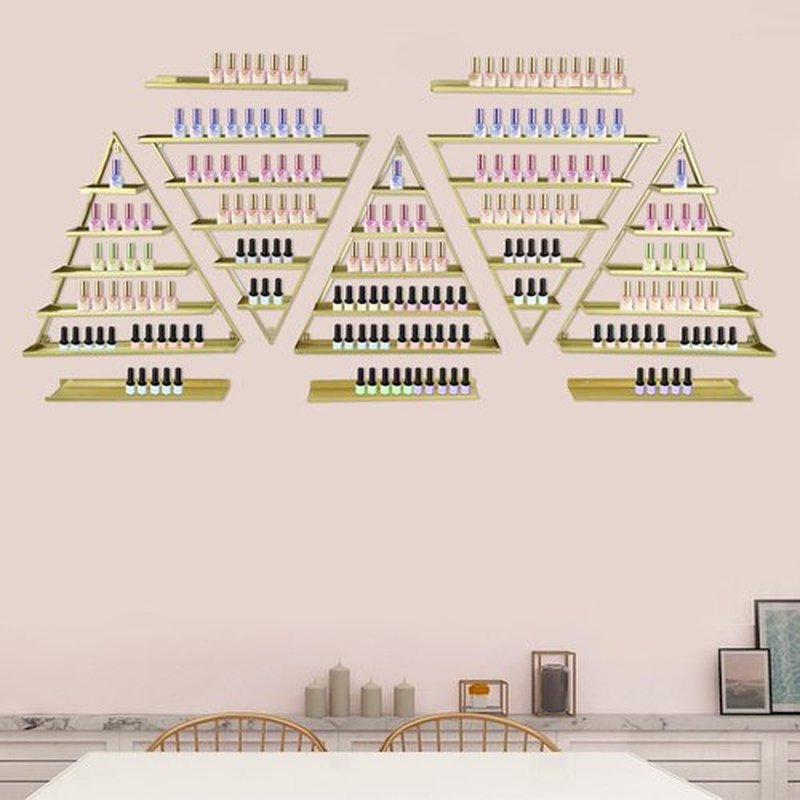 LEYSRIS Wall-Mounted Nail Polish Rack, Set of 10 Triangular Gold Nail Polish Shelf Lipstick Perfume Cosmetic Display Shelf for Home Spa Nail Salon Shop