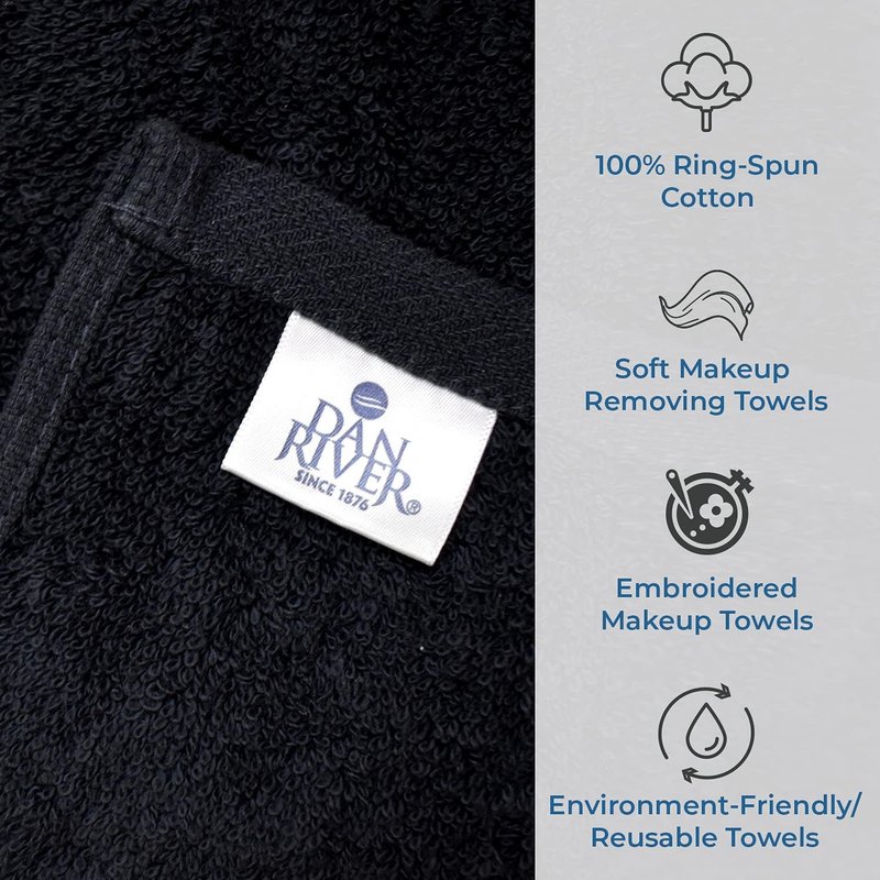 DAN RIVER Black Makeup Towels - Ultra Soft Cotton Face Towels | Pack of 6 (13x13 in) - Reusable & Quick-Dry Makeup Remover Cloths for Spa & Salon