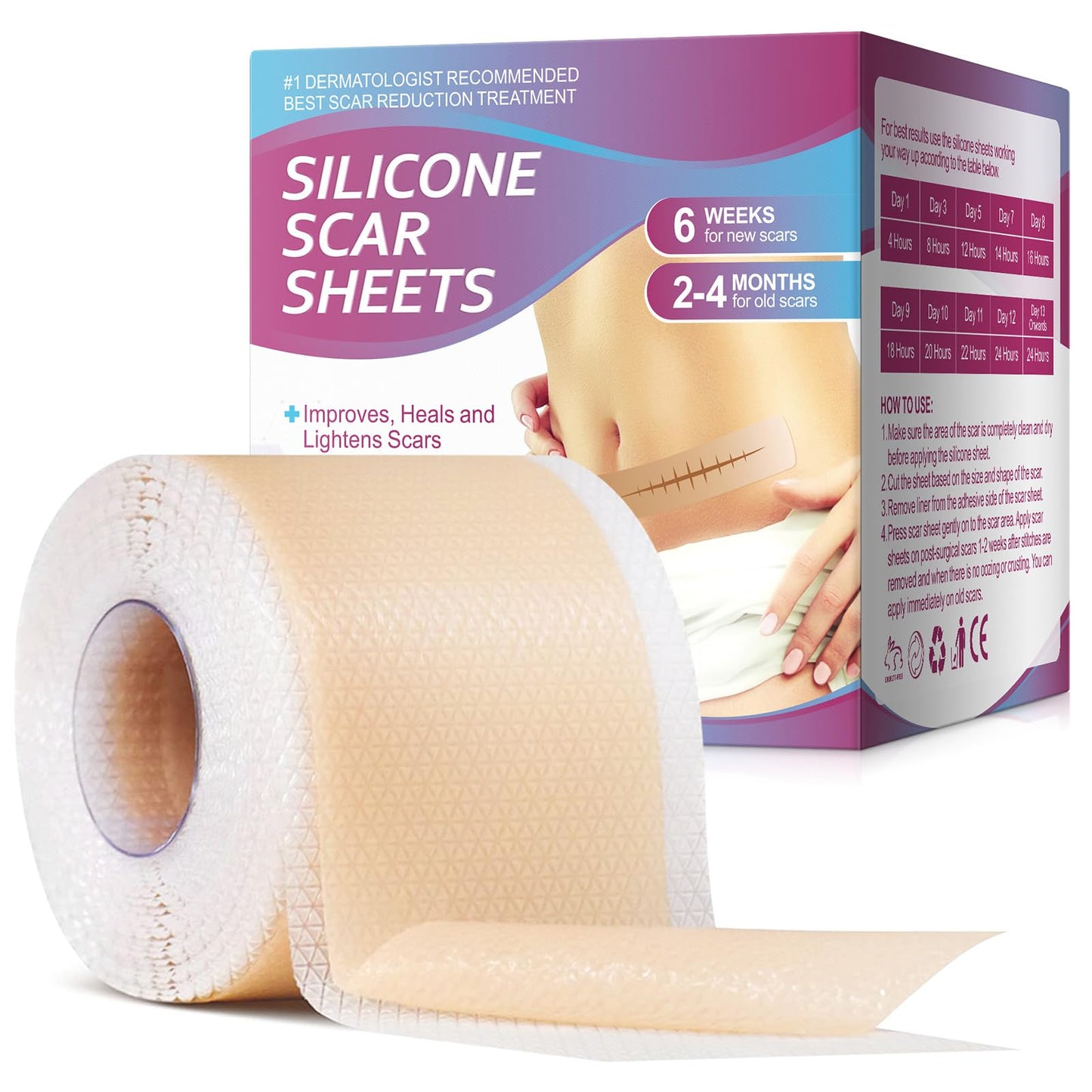 Silicone Scar Sheets (1.6” x 75”-1.9M), Medical Grade Soft Silicone Scar Tape, Scar Strips, Scar Roll - Keloid, C-Section, Surgical, Acne- Scars Removal Treatment, Painless Easy Removal, Reusable