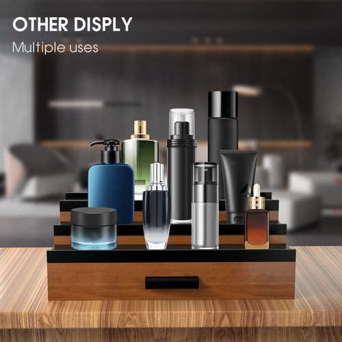 Sephyroth Wooden Cologne Organizer for Men 3 Tier of Elevated Cologne Display Shelf with Drawer Storage Perfume Organization and Storage Display Risers,Great Gift for Man(Walnut Black)