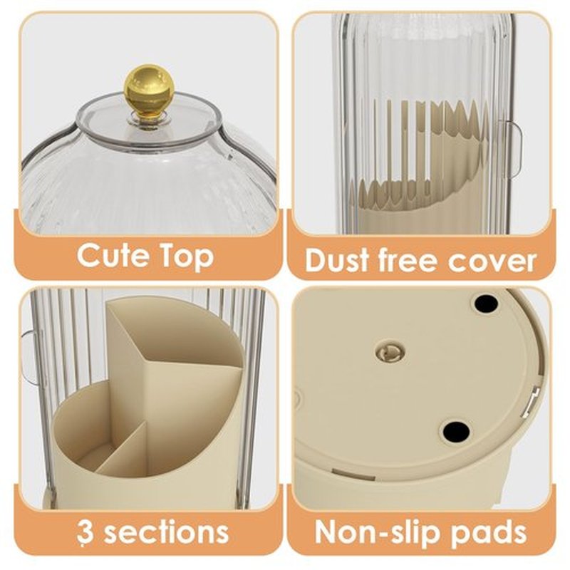 YOOLENS Makeup Brush Holder Organizer with Lid,360 Rotating Clear Dustproof Makeup Brushes Organizer for Vanity Desktop Bathroom Countertop, White Beige