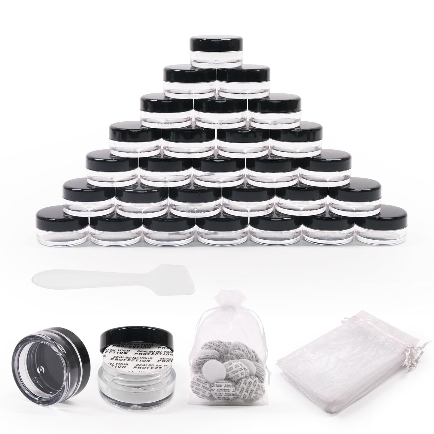 SumDirect 5 Gram Cosmetic Containers - 100Pcs Sample Jars with Lids, Small Plastic Makeup Sample Containers with 10Pcs Organza Bags and a Scoop