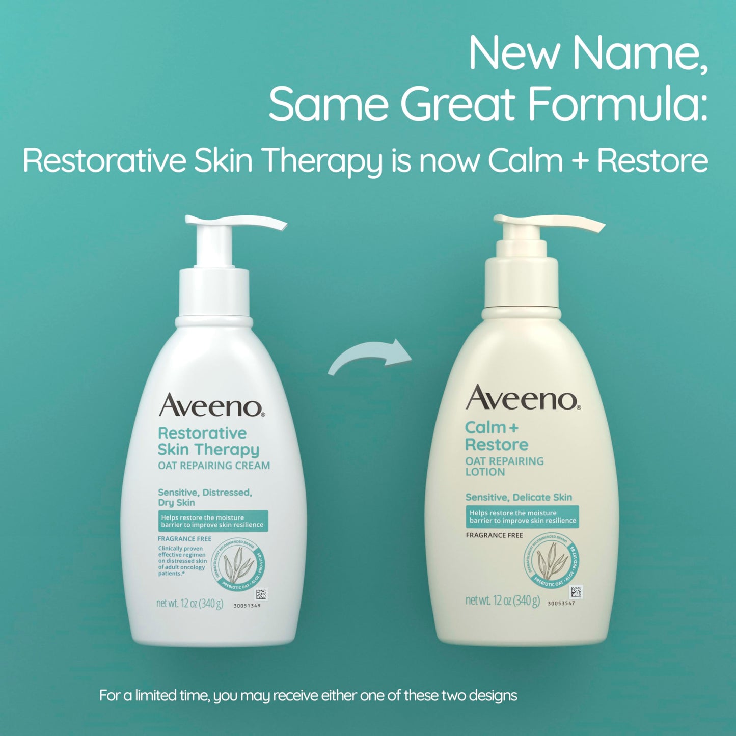 Aveeno Calm + Restore Oat Repairing Body Lotion for Sensitive Skin,Daily Moisturizer with Prebiotic Oat,Aloe & Pro-Vitamin B5,Fragrance Free Body Lotion Helps Heal Dry Skin,12 oz,(Pack of 12)