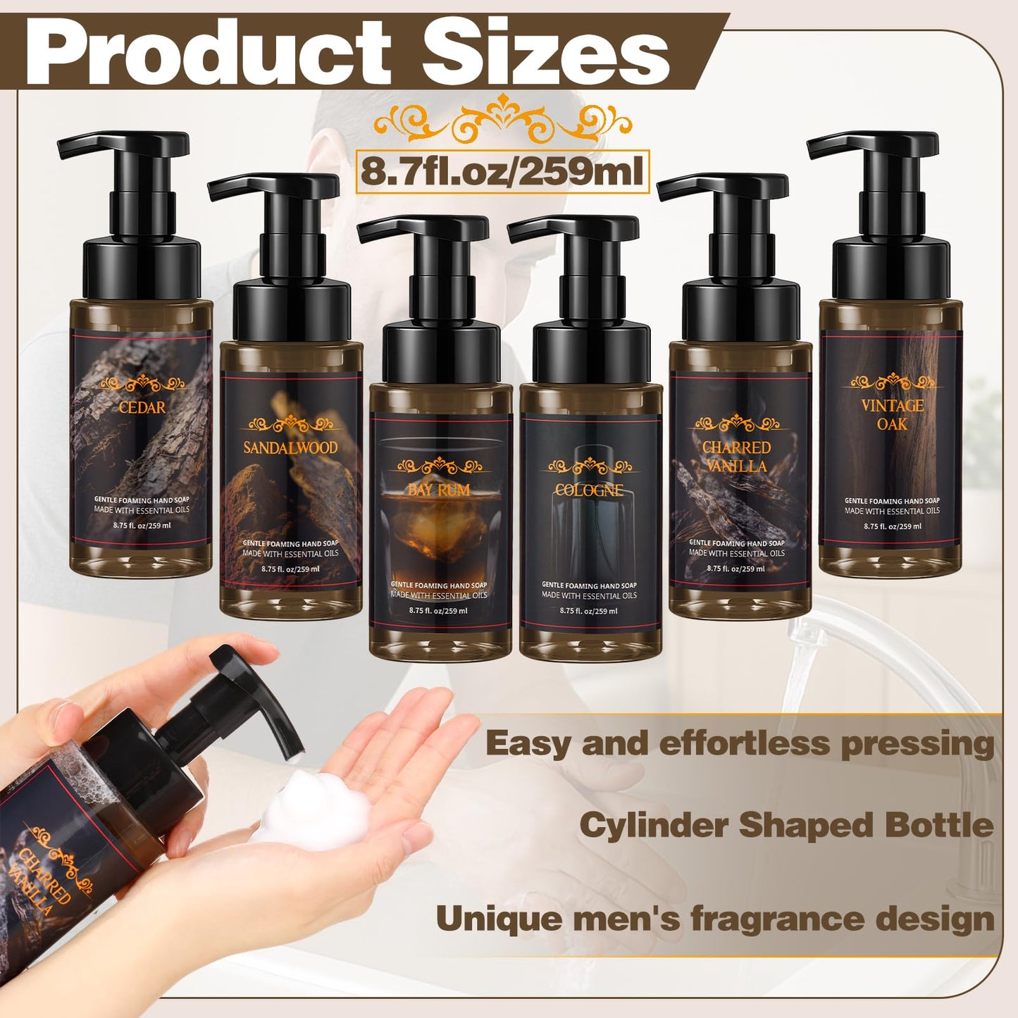 Swiffen 6 Pack Men's Foaming Hand Soap with Pump Care Moisturizing Liquid Gentle Foam Hand Wash Cedar, Sandalwood, Bay Rum, Cologne, Charred Vanilla, Vintage Oak for Kitchen or Bathroom