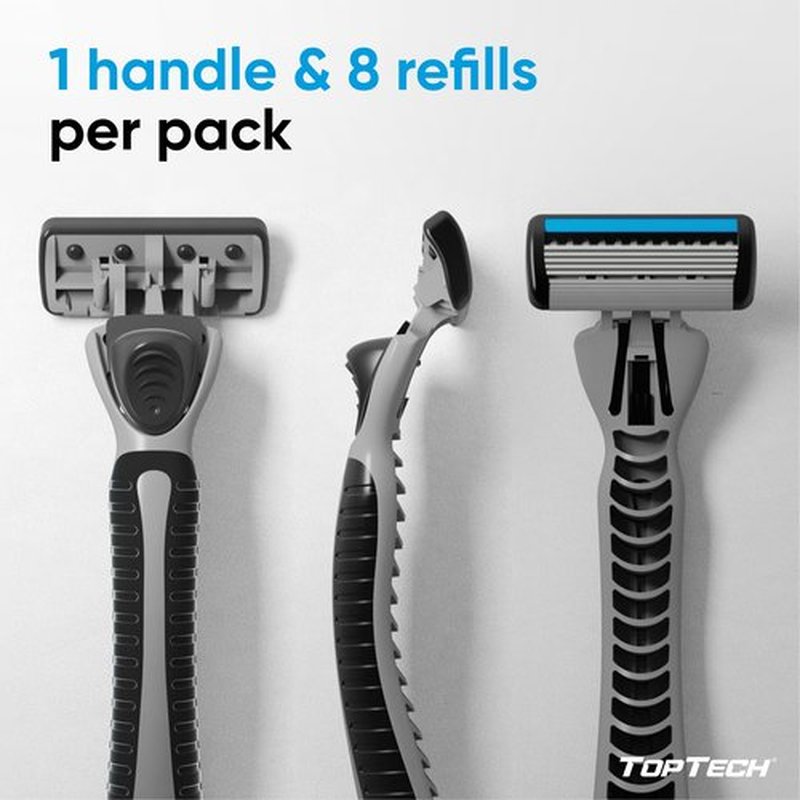 TopTech PRO 5 Razors for Men - Manual Shaving Razor & Replaceable Cartridges - 5-Blades Technology - 9 Count Pack (Handle + 8 Refills) - Soft Shave & Sharp Blades - Cost-effective Refill