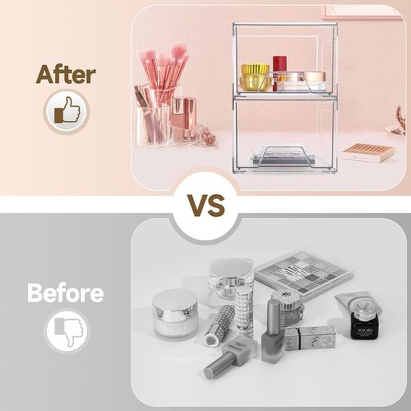 Damomo 2 Pack Stackable Organizer Drawers, Clear Bathroom Makeup Organizer and Storage, Acrylic Plastic Organizers Bins for Vanity, Undersink, Bathroom, Pantry, Kitchen Cabinets