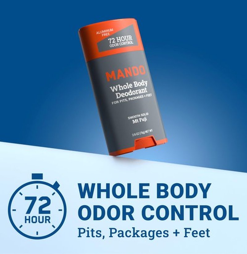 Mando Smooth Solid Stick (2.6 Ounce) + Acidified Body Wash (1.5 Ounce) - Clinically Proven to Block Odor All Day - Whole Body Safe For Pits, Packages + Feet (Mt Fuji)