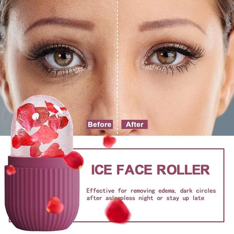 XHJRI Ice Face Roller Massager,Ice Cube Roller for Face, Eyes and Neck Naturally Conditioning and Skin Care,De-Puff Eye Bags,Reduce Migraine Pain,Reusable Massage Silicone Ice Mold (Rose)