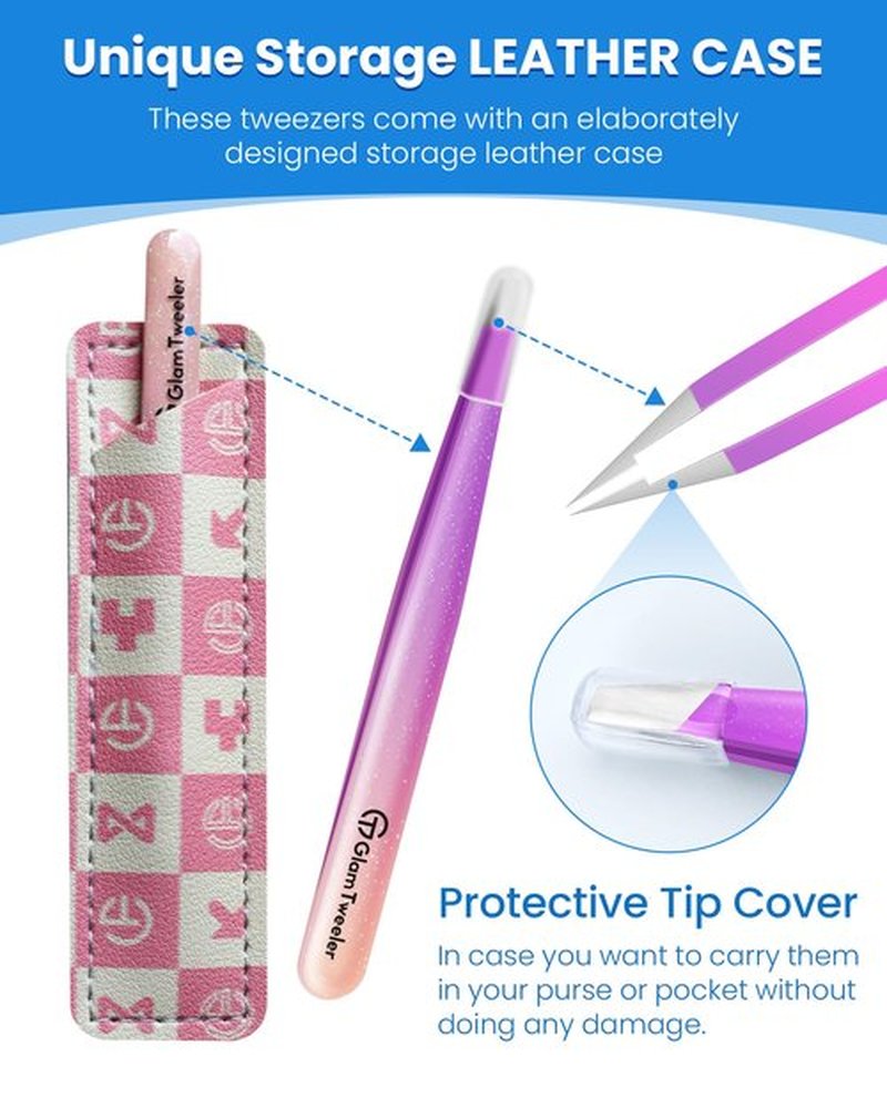 Expert Slant Tip Tweezers with Leather Travel Case, GlamTweeler Sharp & Precision Stainless Steel Tweezer for Eyebrows, Facial Hair and Fine Hairs Removal (Sparkle Violet & Peach)