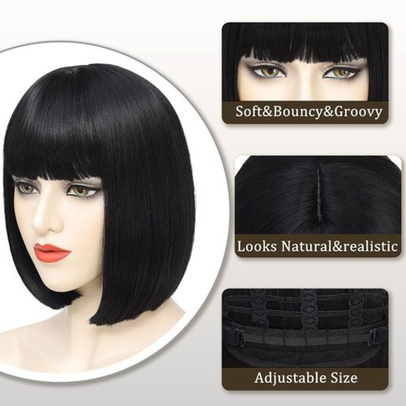 YBYMCAI Black Bob Wigs For Women Short Black Bob Wig With Bangs Straight Bob Bangs Wig 10 Inch Natural Looking For Daily Party Use