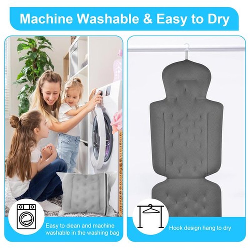 Full Body Bath Pillow for Bathtub, Bath Pillows for Tub with Powerful Non-Slip Suction Cups and Mesh Laundry Bag, Luxury Tub Pillow for Bath for Headrest Neck and Back Support Grey