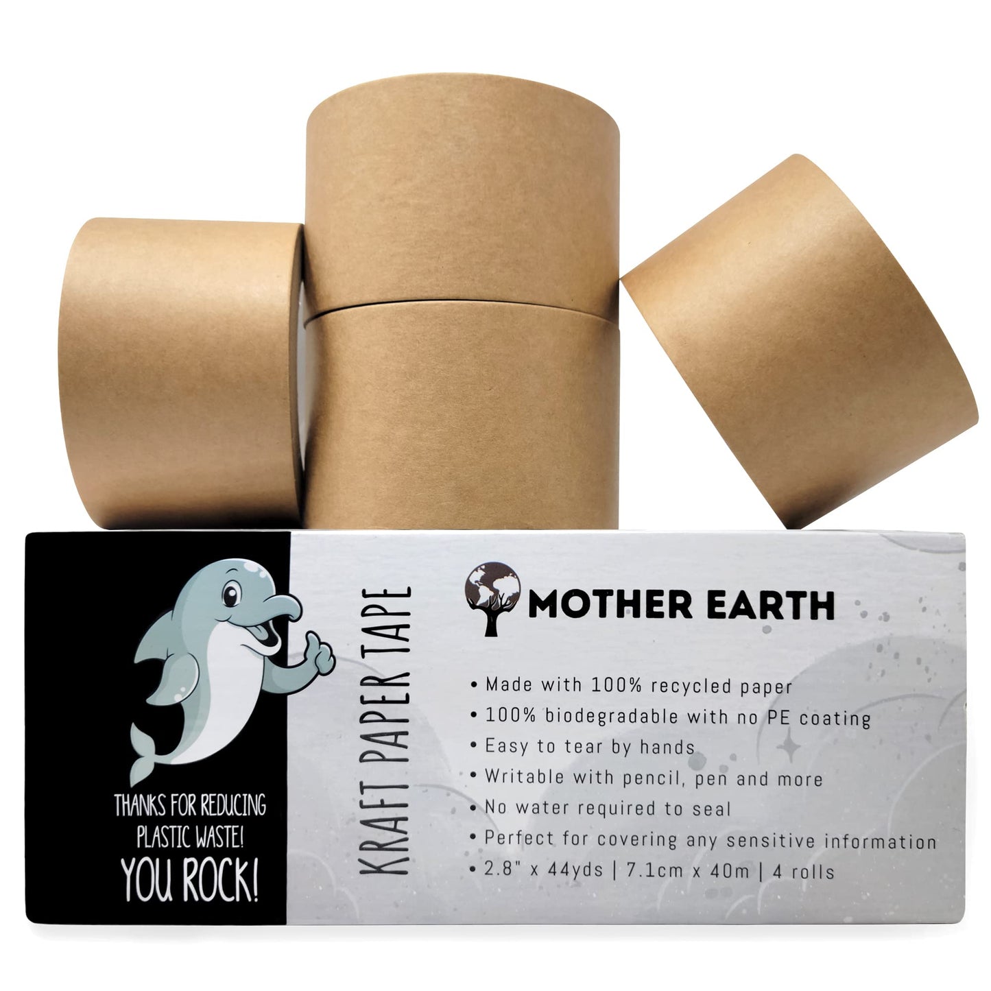 MOTHER EARTH Kraft Paper Tape 2.8" x 44 yds (132ft) for Packaging & Masking | Easy-to-Tear & Writable with Zero Waste Packaging | 4 Rolls