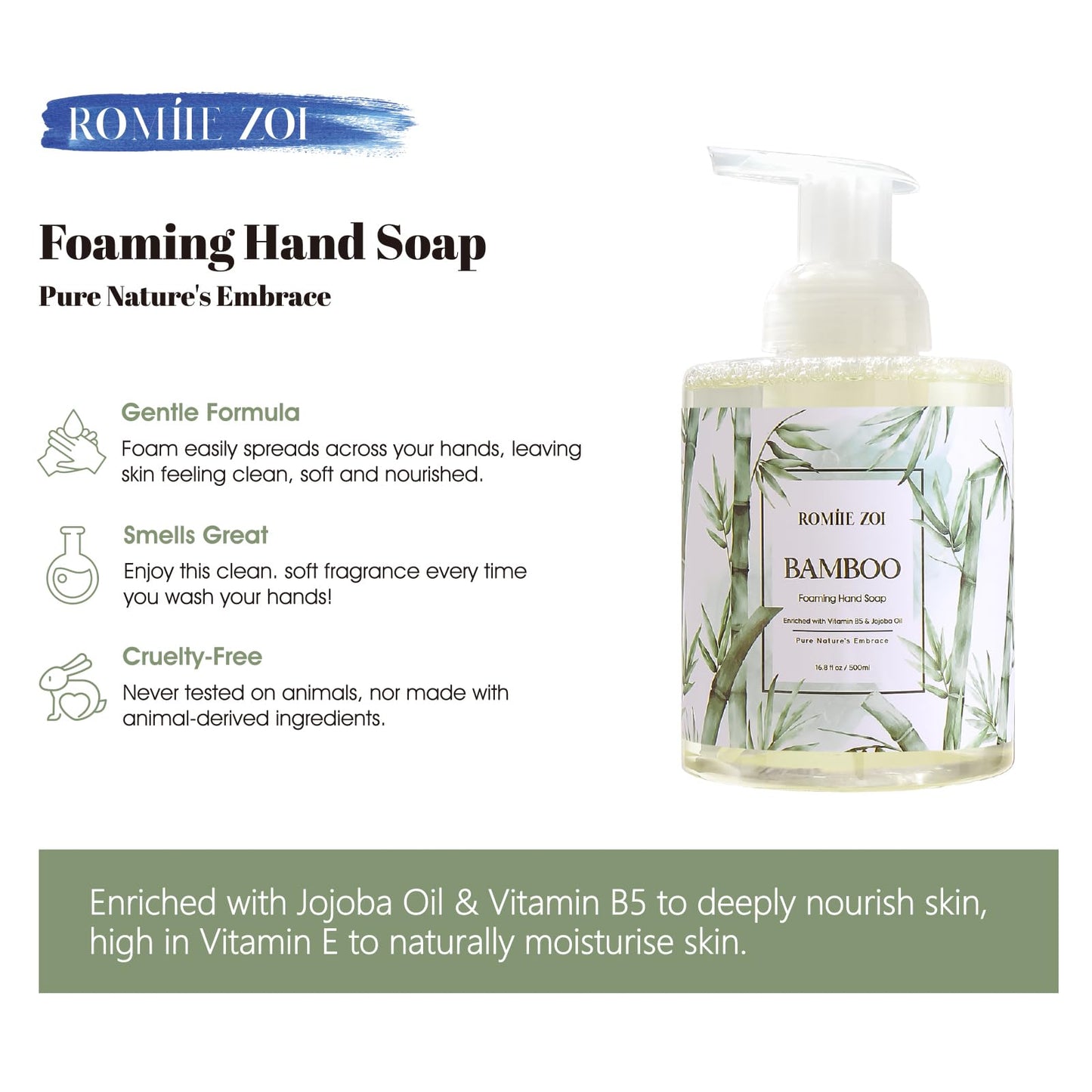 ROMIIE ZOI Foaming Hand Soap with Gift Box - Bamboo - Biodegradable Formula Moisture & Revitalize - 500ml/16.8oz