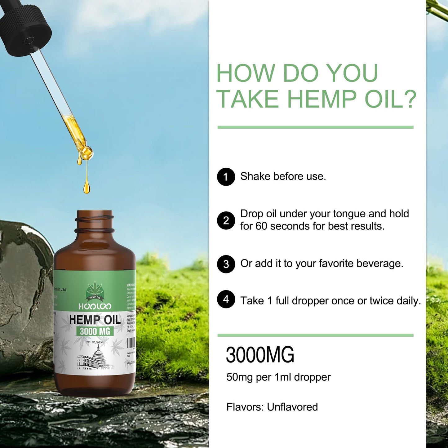 HOOLOO Hemp Oil for Adults 3000MG for Bedtime Support, Unwind, Relief Muscle Joint Discomfort, Allergen Free, 2Fl Oz, Made in USA