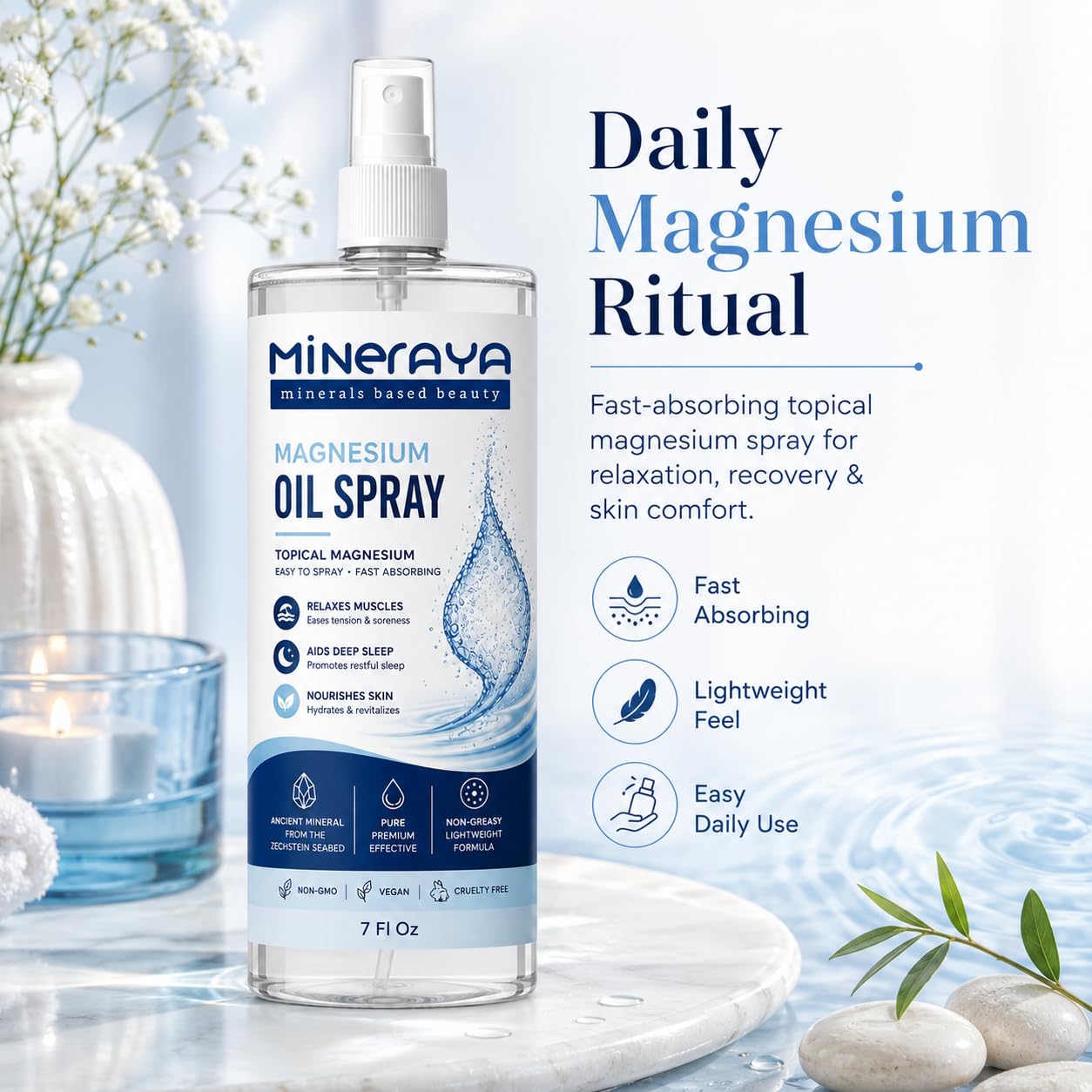 MINERAYA Magnesium Oil Spray 7 Fl Oz. Organic, Extra Strength Topical Magnesium Spray for Feet, Muscle Recovery & Sound Sleep