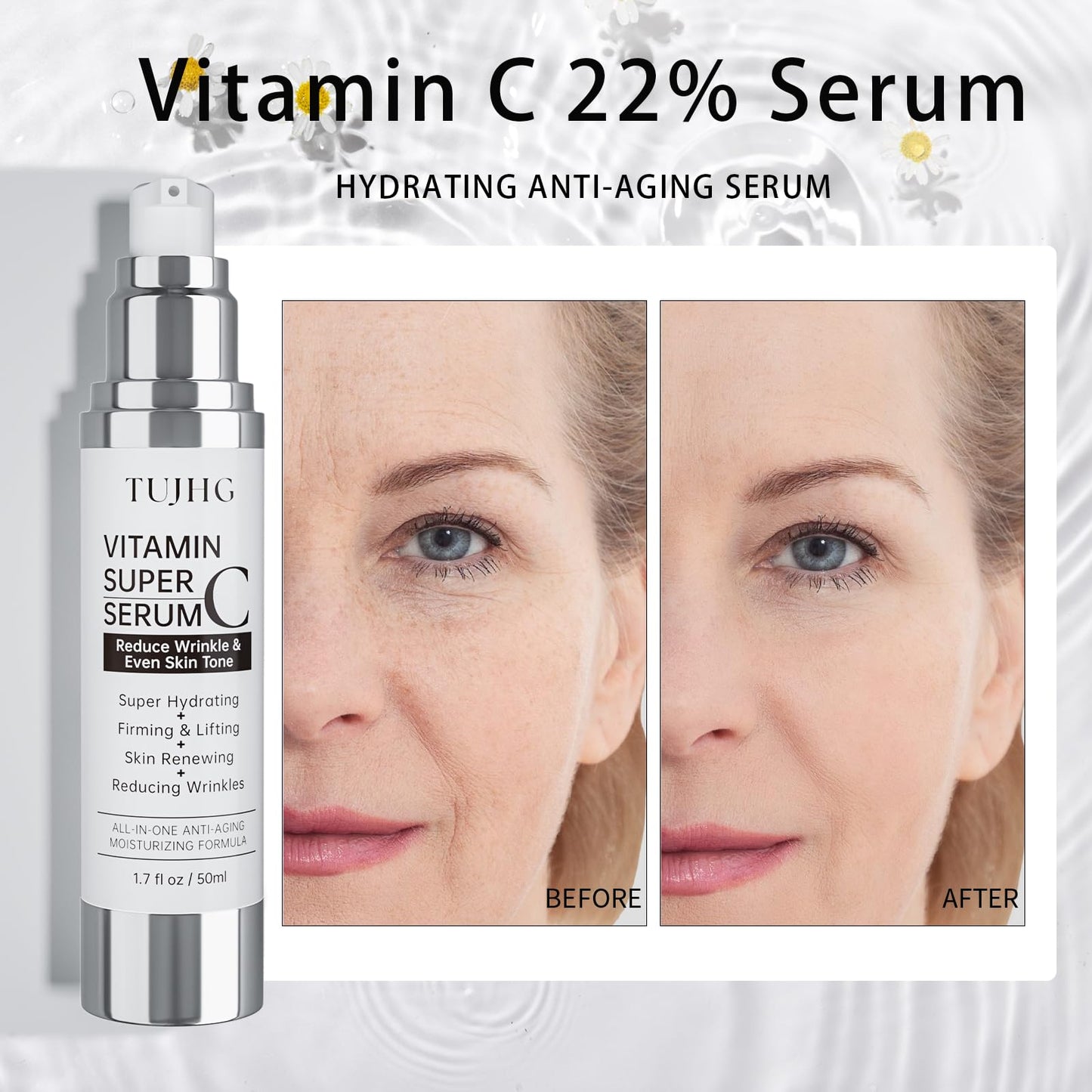 Vitamin C Serum for Face, Brightening & Anti-Aging with Hyaluronic Acid, Vitamin E, Peptides, Collagen - Hydrates, Firms, Lifts, Smooths, 1.7 Fl Oz