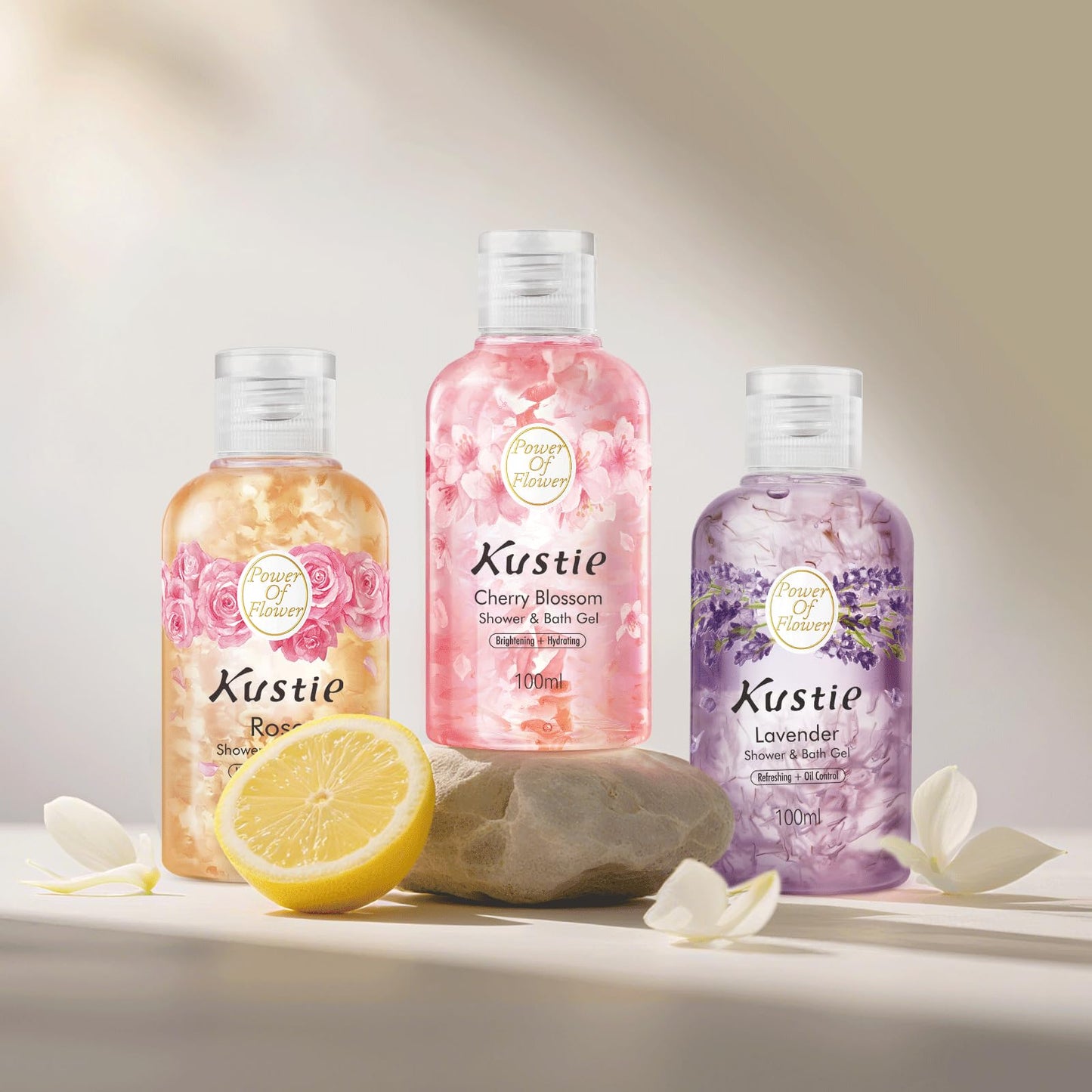 Kustie Rose Body Wash Travel Size – Hydrating Shower Gel with Real Flower Petals, Rose Water & Hyaluronic Acid, Floral Cleanser for Dry & Sensitive Skin, 3.4 fl oz