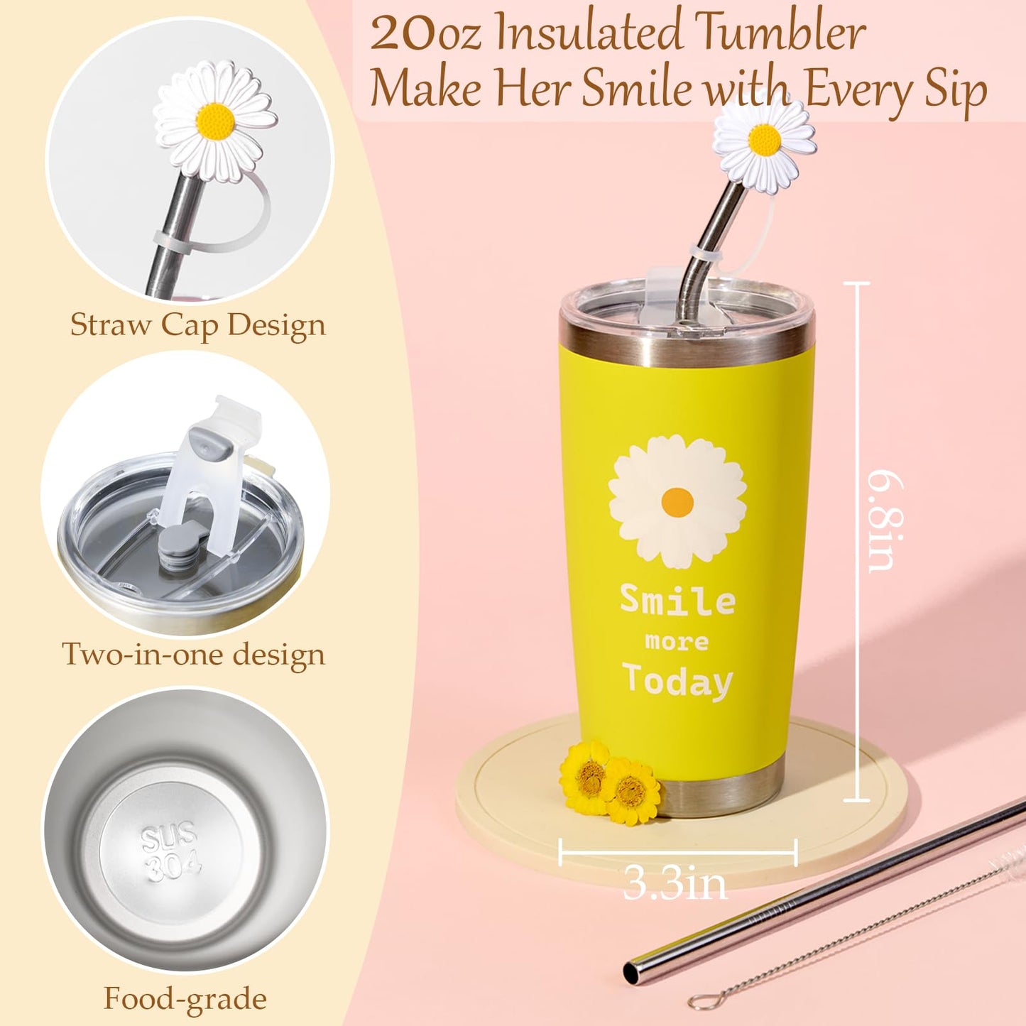 TFHESIRUUTFH Gift Basket for Women, Birthday Self Care Package with 20oz Tumbler, Scented Candle, Makeup Bag, Socks, Hair Accessories, Yellow Daisy-Themed Gift Set for Mom, Sister, Wife, Best Friend