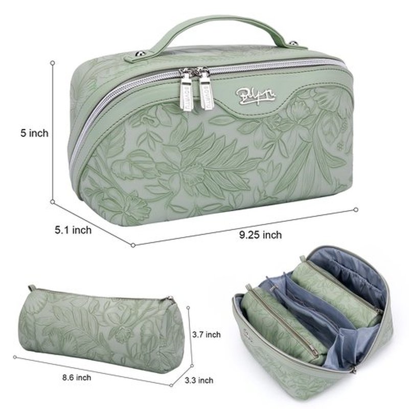 Travel Makeup Bags Cosmetic Organizer Bag: 3-Set Large Capacity Make up Bag - PU Leather Toiletry Bag for Women - Wide Open Portable Pouch with Divider & Handle (02-Light Green)