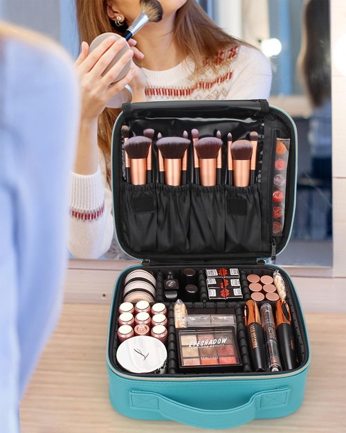 Relavel Travel Makeup Train Case Makeup Cosmetic Case Organizer Portable Artist Storage Bag with Adjustable Dividers for Cosmetics Makeup Brushes Toiletry Jewelry Digital Accessories Teal