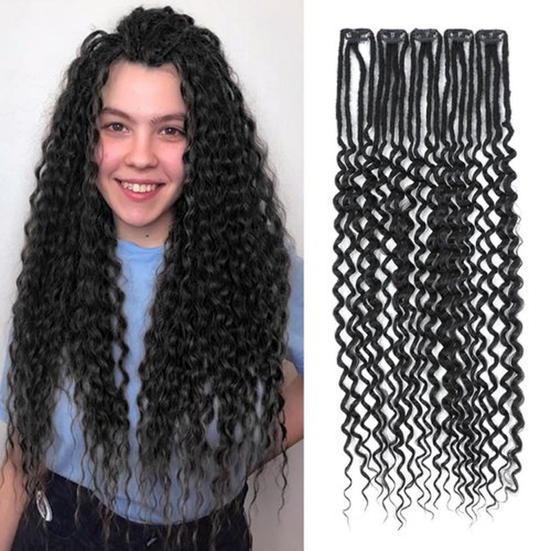 Ajsowju Curly Dreadlocks Clip in Dreadlock Extension 5PCS 20 Strands Clip in Wavy Dreadlock 24inches Thin Soft Dread Extenisons for Women (1B#,Curly)