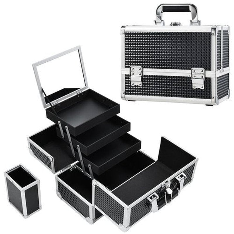 Joligrace Makeup Box Organizer Large Makeup Case 3-Tray with Mirror Carrying Make-up Train Case with Brush Holder Locking Portable Cosmetic Travel Storage Shiny Black