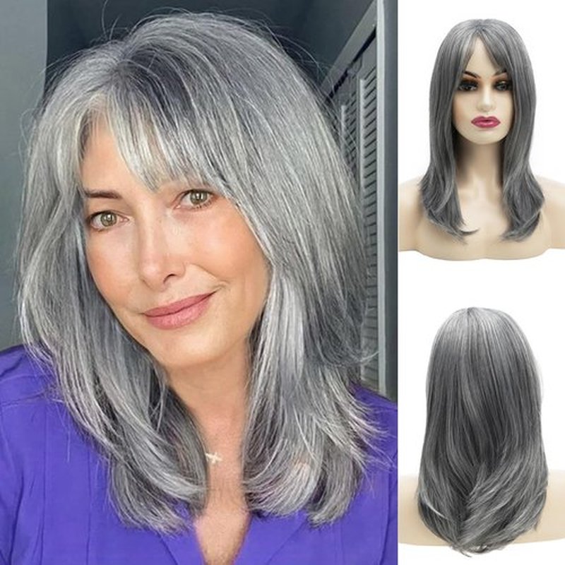 Dsimeig Long Grey Wigs for Women Natural Layered Grey Wig with Bangs,Synthetic Hair Wig for Daily Party Use