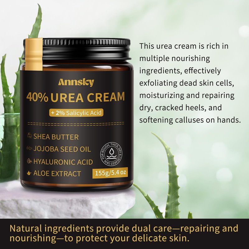 Annsky Urea Cream 40% Plus Salicylic Acid 2%, Foot Cream for Dry, Cracked Heels, Calluses Professional Feet Maximum Strength Moisturizing Cream, 155g