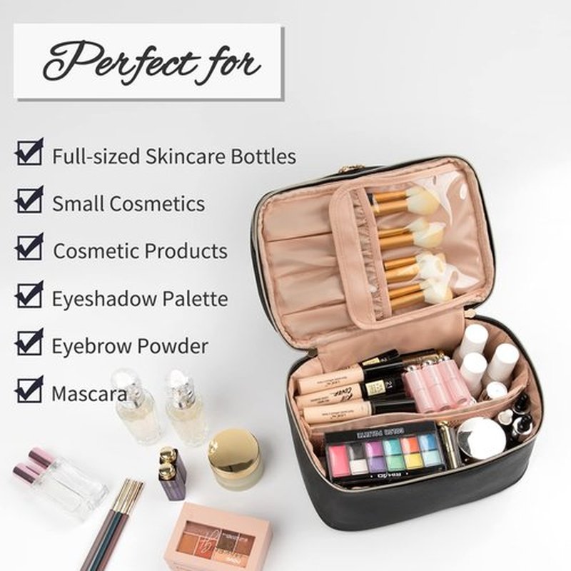 Makeup Bag, Double layer Cosmetic Cases Travel Makeup Organizer Toiletry Bags Large Make Up Bag For Women Girls with Adjustable Dividers and Brush Organize area (BLACK CLEAR)