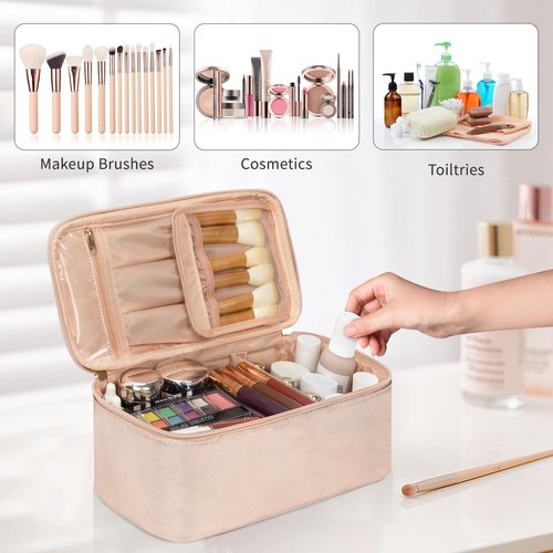 OCHEAL Makeup Bag,Vegan Leather Makeup Organizer Bag,Travel Essentials Cosmetic Bag Make Up Bag Small Makeup Case Toiletry Bag for Women,Compact Capacity for Daily Use, Double Zippers -Rose Gold