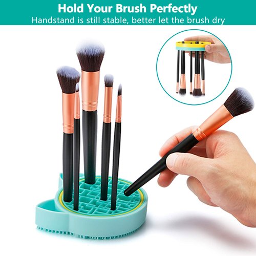 TailaiMei 2 in 1 Makeup Brush Cleaning Mat with Brush Drying Holder, Silicon Cat Shaped Brush Cleaner Pad include Cosmetic Brush Organizer Rack, Portable Washing Tool for Makeup (Green)
