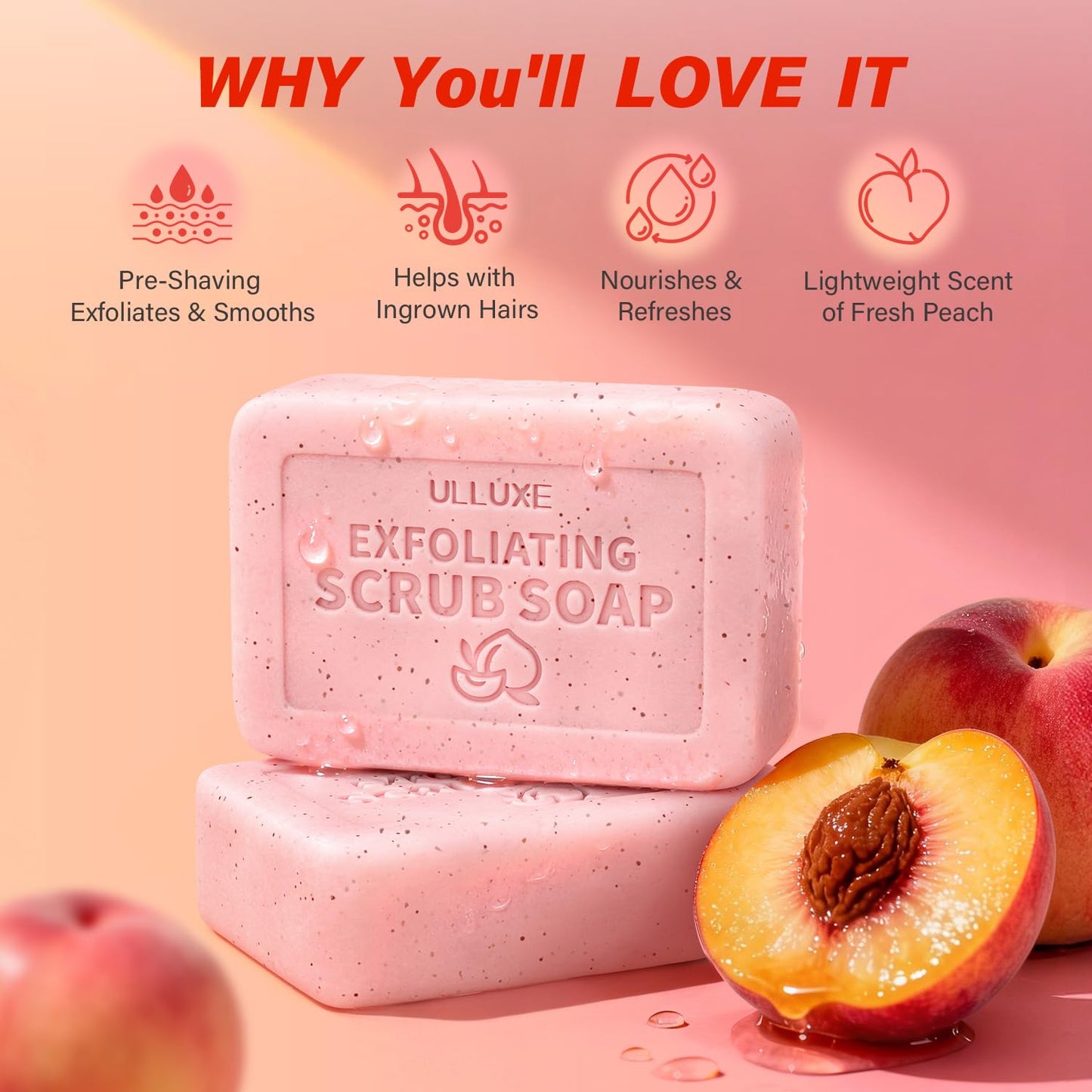 Body Scrub Soap Bar, Peach Exfoliating Bar Soap for Bikini Area Underarm & Bumpy Skin, Pre-Shave Softening Bar Soaps with BHA Salicylic Acid & Moisturizing Shea Butter, All Skin Types, 3.53 oz Each