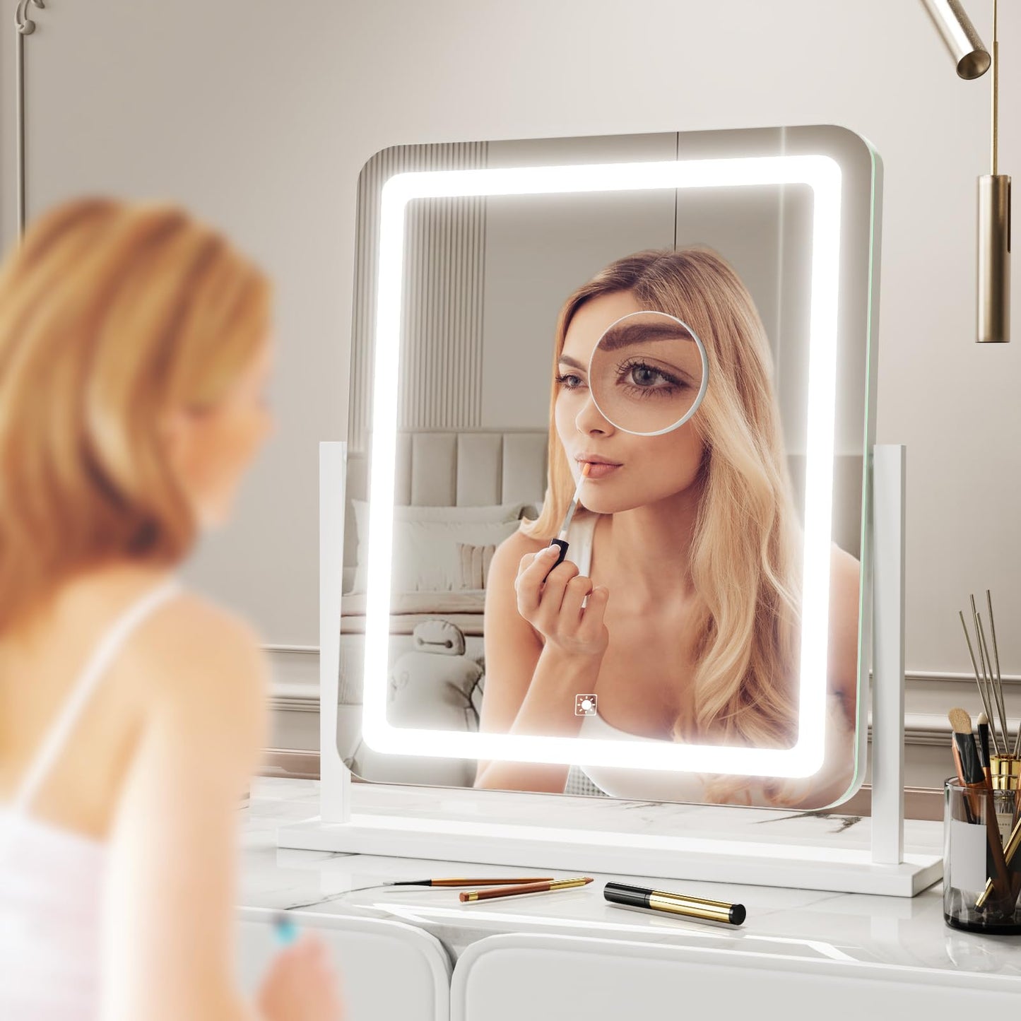 Gvnkvn Lighted Makeup Mirror, Hollywood Vanity Mirror with Lights, Three Color Lighting Modes, and 5X Magnification Mirror, Smart Touch Control, 360°Rotation (17.2in. White)