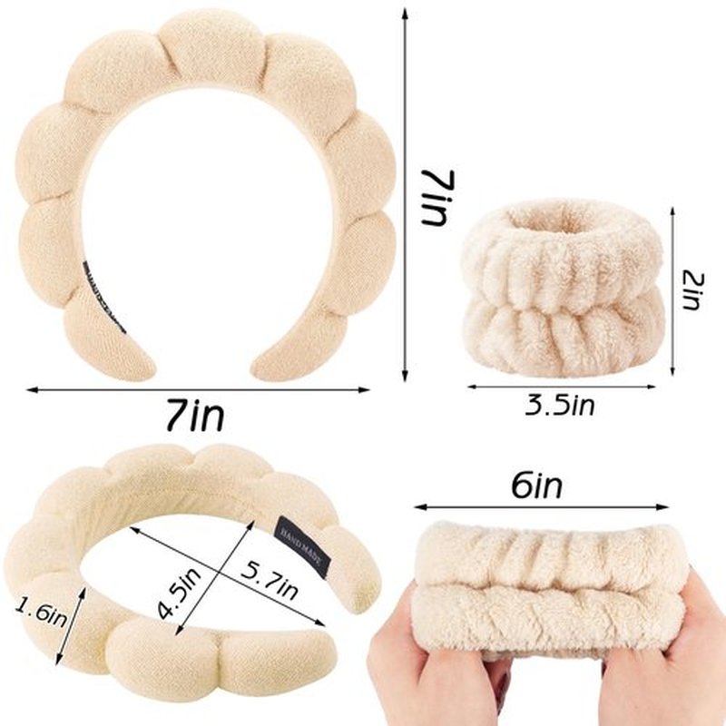 Zkptops Spa Headband for Women Sponge Makeup Skincare Headband Washing Face Wristband Set Terry Cloth Bubble Soft Get Ready Hairband Puffy Padded Headwear Non Slip Thick Hair Accessory(Beige)